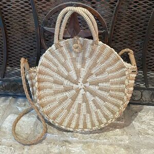 Woven Round Straw Tote Bag - Cream and Tan